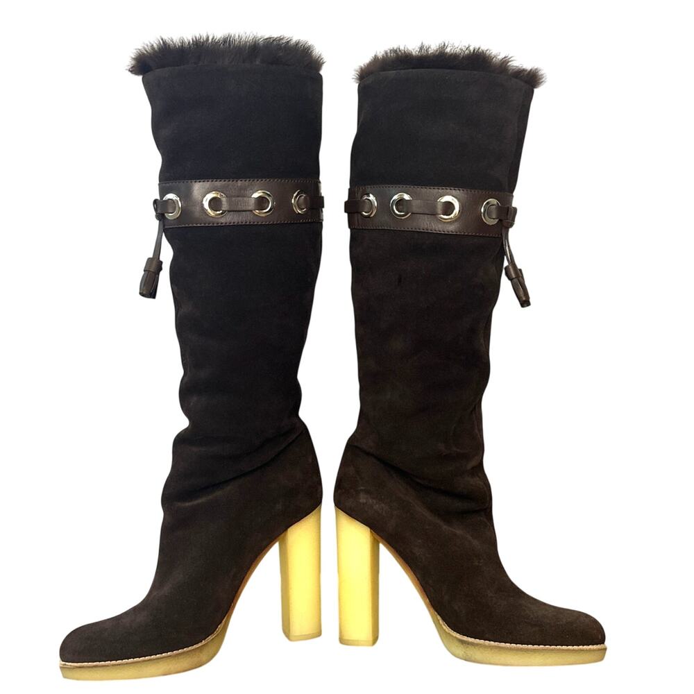 Gucci Dark Brown Suede Leather Fur Lined Tassel Knee Winter High Boots Size 6.5 - Picture 2 of 15
